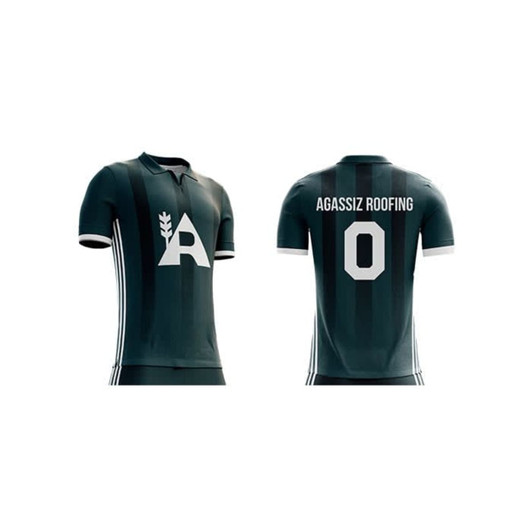 A dark green polo soccer jersey featuring a logo on the front and a name and number on the back.