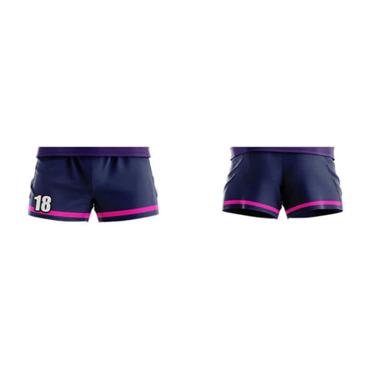 Navy rugby/AFL shorts with pink trim and a number on the front. Features a logo on the waistband.