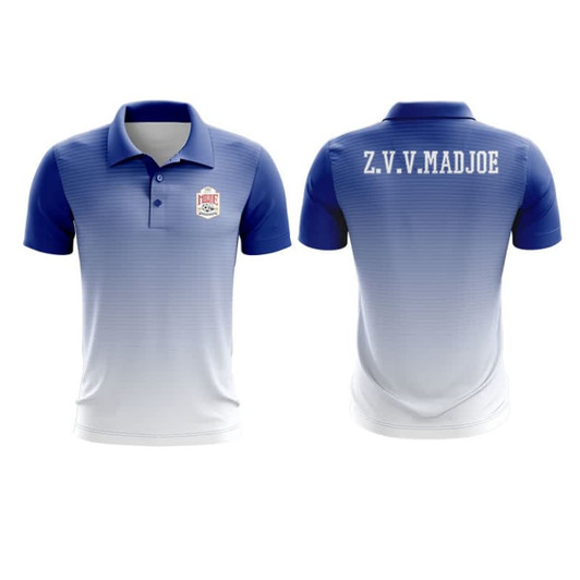 A blue and white polo shirt featuring a logo and text on the back. The design includes a gradient effect.