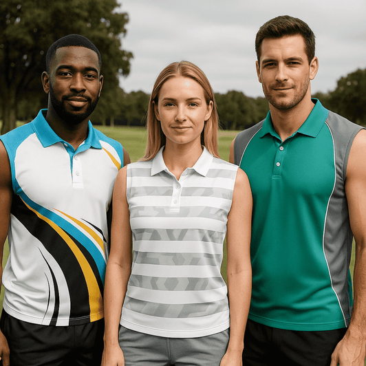 A group of three people wearing sleeveless polo shirts in teal, white with stripes, and patterned designs, all featuring logos.