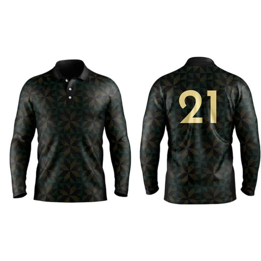 A long sleeve polo shirt in black and green geometric pattern, featuring a large number 21 on the back and a logo.