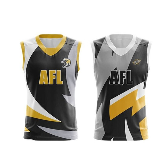 AFL reversible jersey featuring black, white, and yellow colours with a dynamic design and a logo.