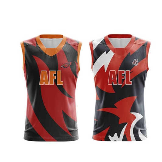 AFL Reversible jersey featuring bold red, black, and orange designs with a logo. Two distinct styles displayed.