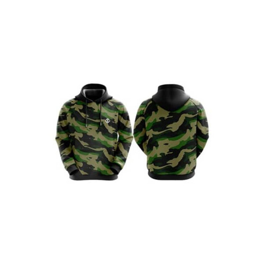 A pullover hoodie in a green camouflage pattern, featuring a logo on the front.