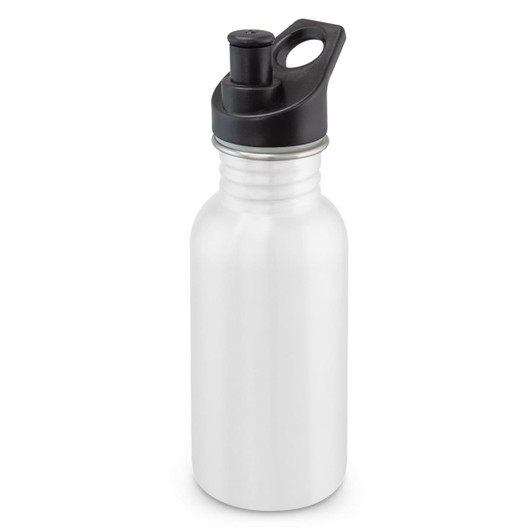 A drink bottle in white with a black sports lid and a loop for easy carrying. It features a logo on the side.