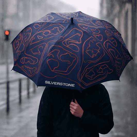 A full-colour navy umbrella with an abstract design and logo, held by a person in a rainy urban setting.