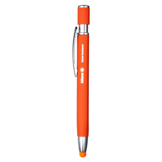 An orange metal pen with a chrome clip and tip, featuring a logo on the barrel.