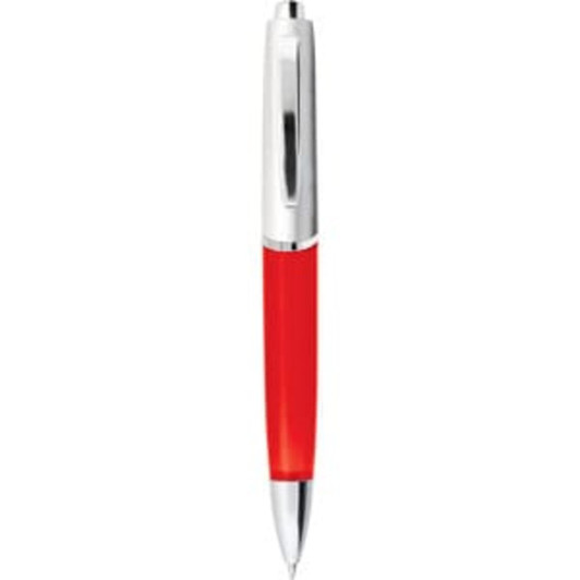 A metal pen with a shiny silver clip and a vibrant red barrel. Features a branding logo.