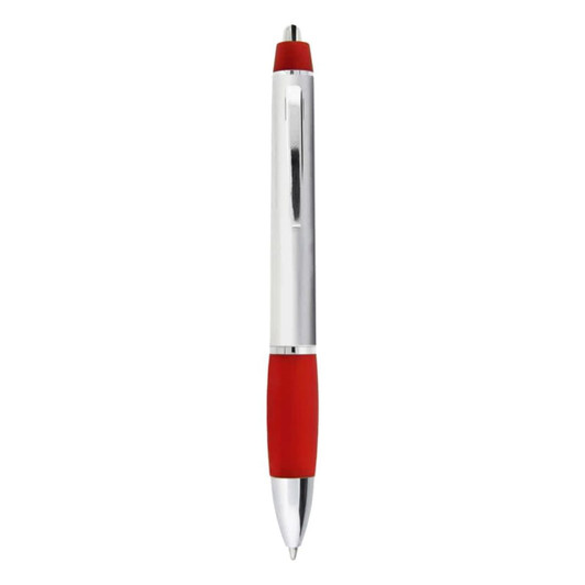 A metal pen featuring a red grip and silver body, with a clip and a stylus tip. It includes a branding logo.