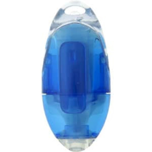 A blue highlighter with a clear casing, featuring a circular design and a branding logo.