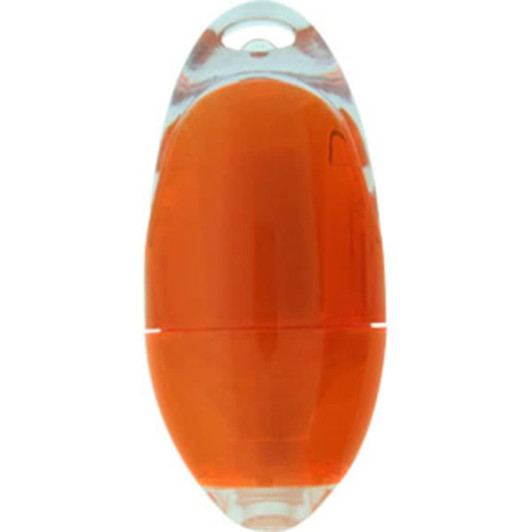 An orange highlighter with a translucent body, featuring a rounded shape and a loop for easy carrying.