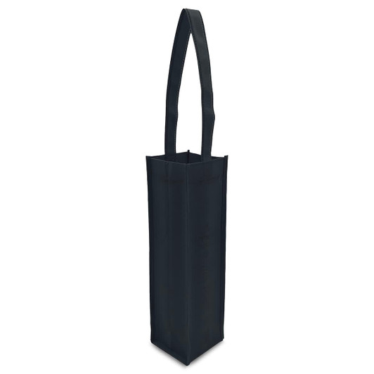 A tall, black non-woven tote bag with a single compartment and a long handle, featuring branding.