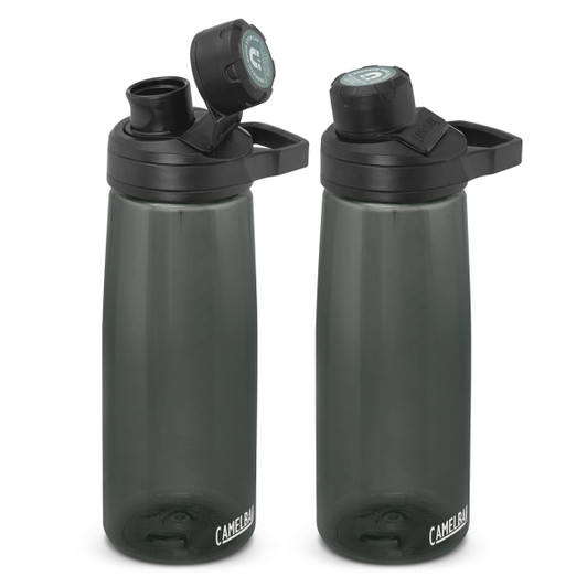 A drink bottle in dark green, featuring a black lid and spout, with a logo on the side.