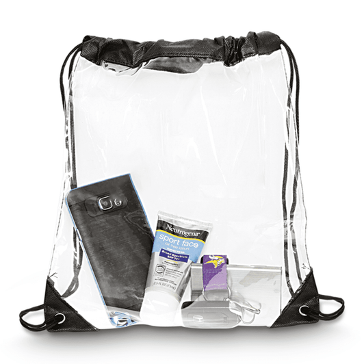 A transparent drawstring bag with black edges containing a phone, sunscreen, and other small items.