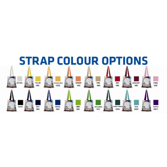 A collection of full-colour cotton tote bags in various colours with multiple strap colour options displayed.