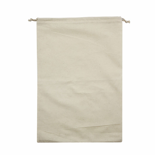 A beige drawstring bag made of fabric, featuring a simple design with no visible logos or branding.