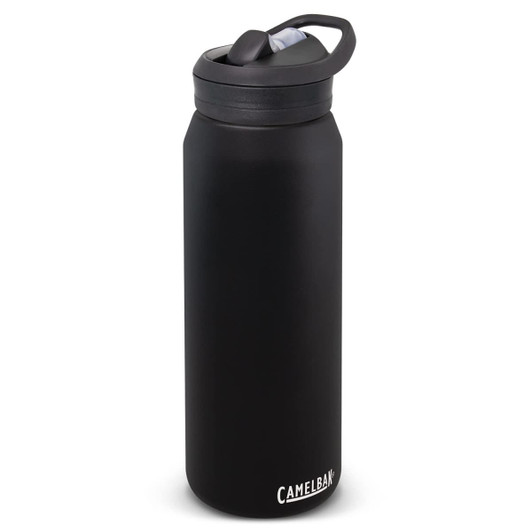 A drink bottle in matte black with a lid and a logo on the base, designed for vacuum insulation.