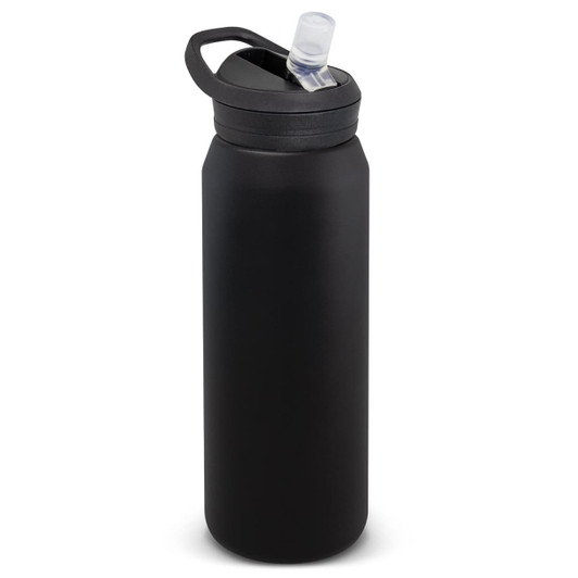 A drink bottle in matte black with a spout, featuring a handle and a branding logo on the side.