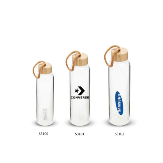 A drink bottle collection featuring clear glass bottles with bamboo lids and rope handles, in three sizes.