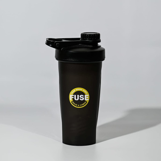 A drink bottle featuring a black opaque design and a secure lid, with a logo present on the side.