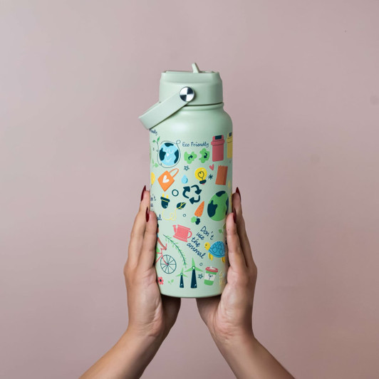 A drink bottle in mint green featuring various colourful designs and a lid with a handle. It includes a logo.