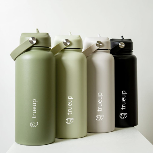 A drink bottle collection featuring four 1L bottles in olive green, cream, light grey, and black, each with a logo.