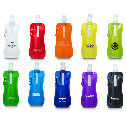A drink pouch collection in various colours, including clear, orange, yellow, blue, and purple, featuring multiple logos.