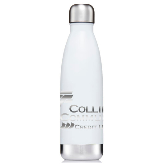 A drink bottle in white with a silver cap, featuring a logo. Ideal for hydration on the go.
