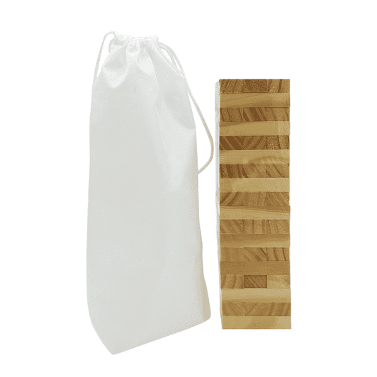 A stacking puzzle set in natural wood tones, accompanied by a white pouch for storage.