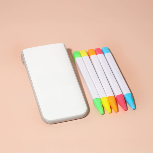A highlighter set featuring five bright colours—yellow, pink, orange, green, and blue—housed in a white case.