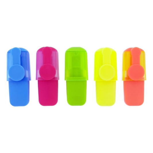 A collection of highlighters in blue, pink, green, yellow, and orange, displayed in a row with a brand logo.