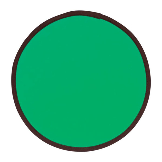 A green flying disc with a brown edge, folded flat for easy storage. Features a logo on the surface.