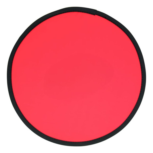 A red fold-up flying disc with a black border, compact and round in shape. It has a branded logo.
