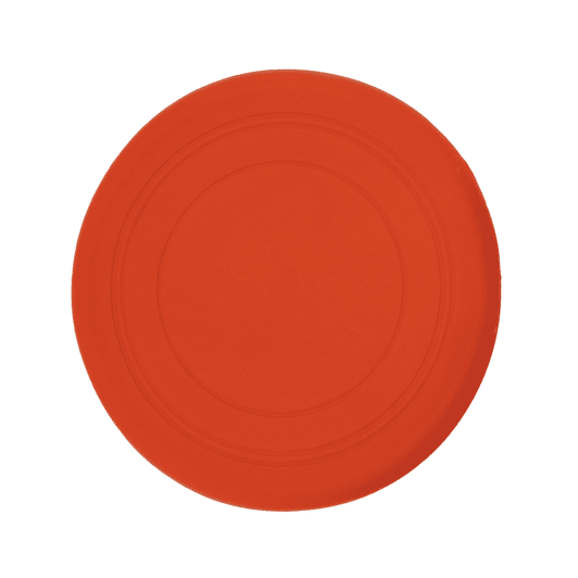 An orange silicon frisbee with a smooth surface, displaying a simple design and a small logo.