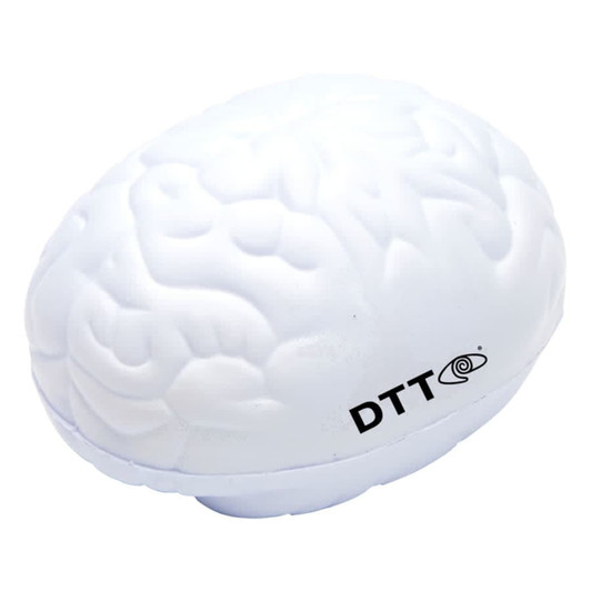 A white, stress-relief toy shaped like a brain, with a small logo on one side.