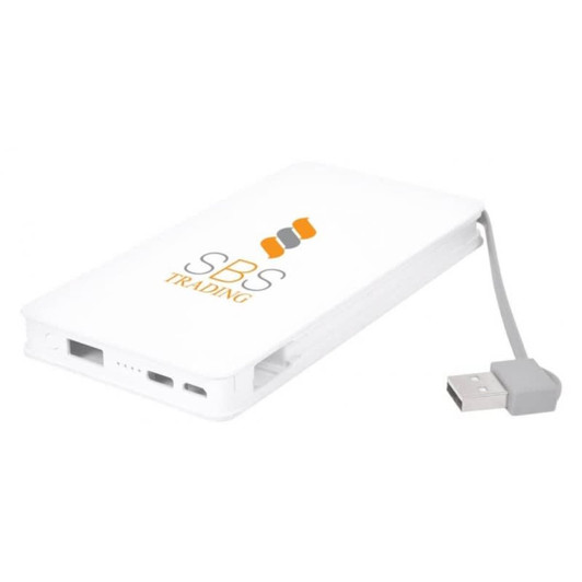 A white power bank with a built-in USB cable and a logo. It has multiple charging ports.