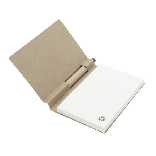 A recycled notebook with a kraft cover and a white notepad, featuring a logo on the cover.