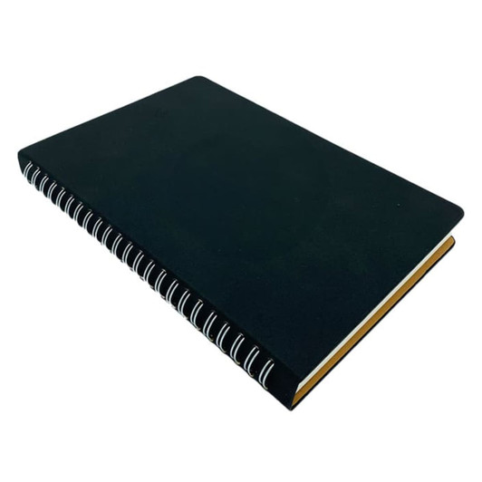 A black spiral notebook with a smooth cover and contrasting coloured pages. It features a coil binding.