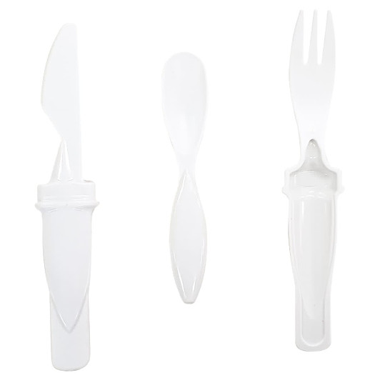 A plastic cutlery set featuring a white knife, fork, and spoon, with an integrated handle design.