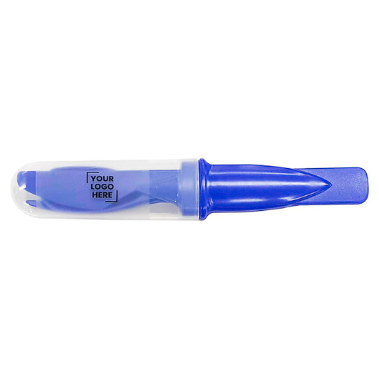 A purple highlighter in a clear casing, featuring a visible logo on the side.