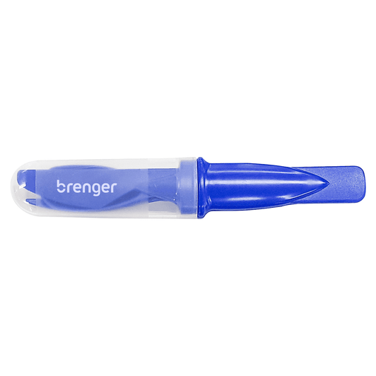 A blue highlighter in a clear plastic case, featuring a logo on the barrel.