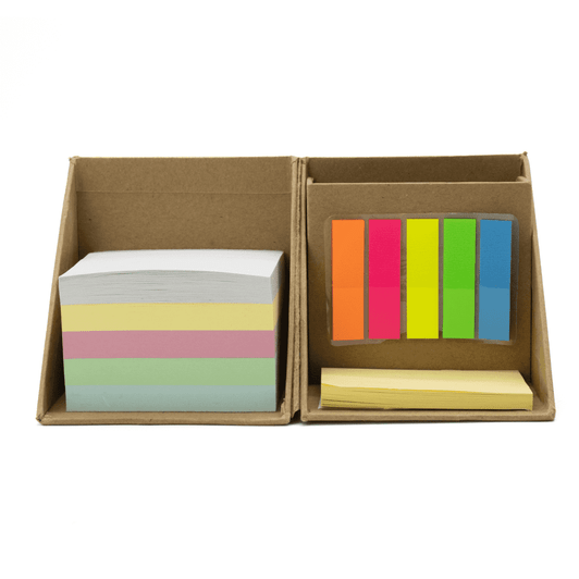 A set of sticky notes and flags in pastel colours, contained within a brown cardboard holder.