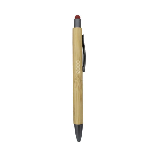 A bamboo pen featuring a red stylus tip and black accents, with a clip for easy carrying. It has a logo on the body.