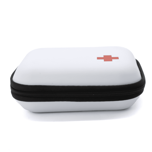 A compact white first aid kit with a red cross design, featuring a zip closure. It has a logo on the surface.
