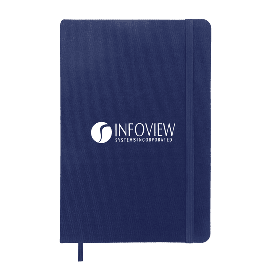A navy blue A5 notebook with a flexible cover and an elastic band, featuring a logo on the front.