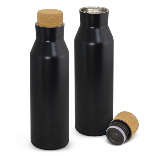 A drink bottle in matte black featuring a cork stopper and a sleek, modern design. One bottle is shown upright, another is on its side.