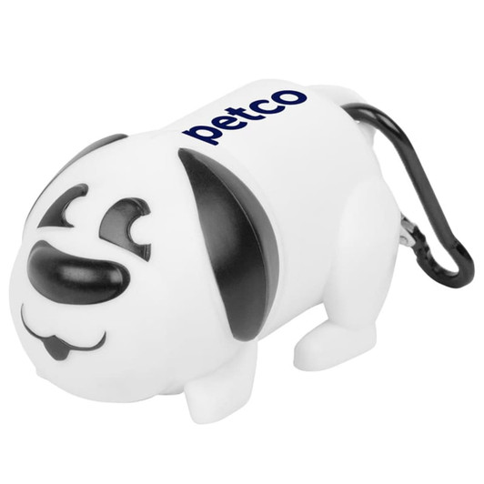 A white dog-shaped waste bag dispenser with black accents and a clip for attachment, featuring a logo.