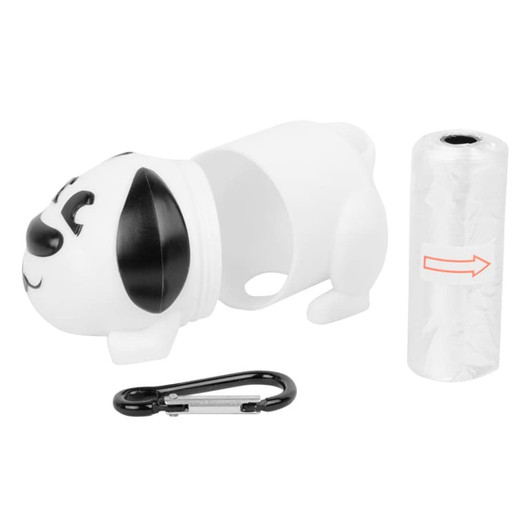 A white dog-shaped waste bag dispenser with a carabiner and a roll of waste bags.