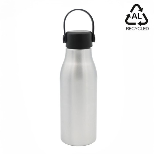 A drink bottle in silver with a black lid and handle. The bottle features a logo.