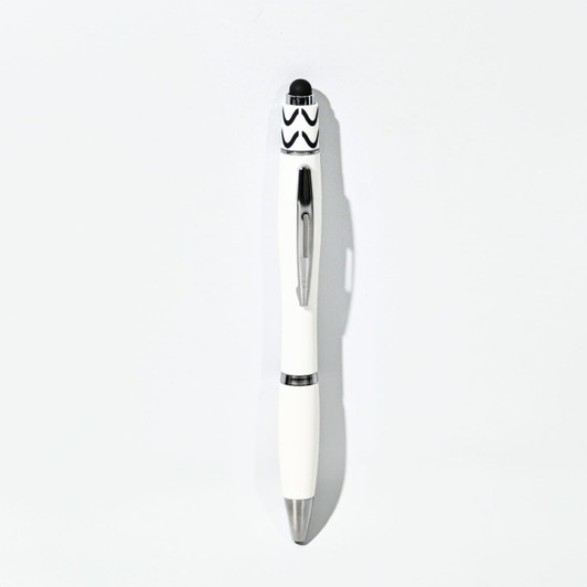 A white fidget pen with a black tip and decorative design on the top, featuring a silver clip.